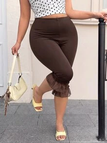 Muchica Plus Size Women's Mesh Patchwork Casual Versatile Everyday Leggings - Chocolate Brown - View 5