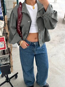 Muchica Dark Gray Plus Size Women's Plaid Single-Breasted Long Sleeve Jacket Fall - Dark Grey - View 8