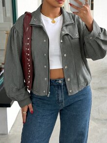 Muchica Dark Gray Plus Size Women's Plaid Single-Breasted Long Sleeve Jacket Fall - Dark Grey - View 3