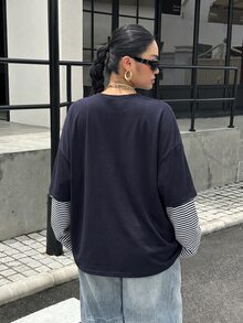 Muchica 秋季休閒街頭風傳統條紋拼接海軍藍大尺碼T恤 正式度假生日秋季款 - 藏蓝色 - 查看 2