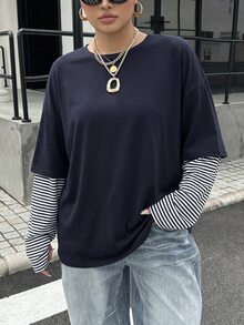 Muchica 秋季休閒街頭風傳統條紋拼接海軍藍大尺碼T恤 正式度假生日秋季款 - 藏蓝色 - 查看 6