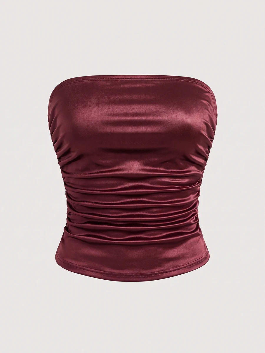 SHEIN EZwear Red High Elastic PU Material Ruched Waist Bandeau Top For Women, Plus Size - Red - View 1