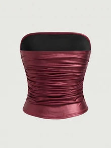 SHEIN EZwear Red High Elastic PU Material Ruched Waist Bandeau Top For Women, Plus Size - Red - View 2