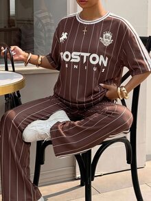 SHEIN EZwear Women's Plus Size Letter Print T-Shirt And Wide Leg Striped Casual Set - Brown - View 10