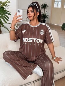 SHEIN EZwear Women's Plus Size Letter Print T-Shirt And Wide Leg Striped Casual Set - Brown - View 9