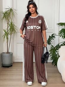 SHEIN EZwear Women's Plus Size Letter Print T-Shirt And Wide Leg Striped Casual Set - Brown - View 4