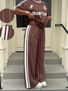 SHEIN EZwear Women's Plus Size Letter Print T-Shirt And Wide Leg Striped Casual Set - Brown - View 1