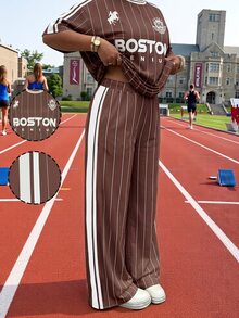 SHEIN EZwear Women's Plus Size Letter Print T-Shirt And Wide Leg Striped Casual Set - Brown - View 8