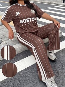 SHEIN EZwear Women's Plus Size Letter Print T-Shirt And Wide Leg Striped Casual Set - Brown - View 3