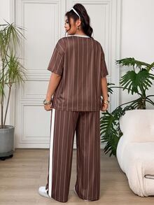 SHEIN EZwear Women's Plus Size Letter Print T-Shirt And Wide Leg Striped Casual Set - Brown - View 2