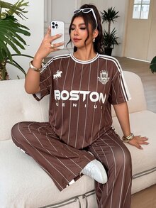 SHEIN EZwear Women's Plus Size Letter Print T-Shirt And Wide Leg Striped Casual Set - Brown - View 6
