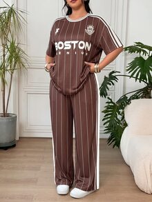 SHEIN EZwear Women's Plus Size Letter Print T-Shirt And Wide Leg Striped Casual Set - Brown - View 7