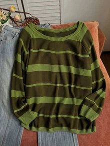 Comfortcana Áo len chui đầu dáng rộng phong cách vintage thập niên 80 phối màu mùa thu, màu xanh ô liu, vai bất đối xứng, casual, size lớn, phù hợp lễ tốt nghiệp, mặc nhà và dự tiệc - màu xanh lá - Xem 13