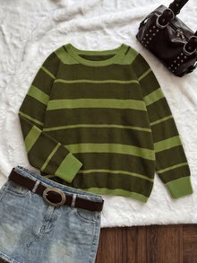 Comfortcana Áo len chui đầu dáng rộng phong cách vintage thập niên 80 phối màu mùa thu, màu xanh ô liu, vai bất đối xứng, casual, size lớn, phù hợp lễ tốt nghiệp, mặc nhà và dự tiệc - màu xanh lá - Xem 11