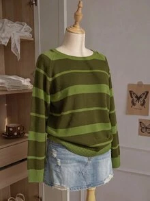 Comfortcana Áo len chui đầu dáng rộng phong cách vintage thập niên 80 phối màu mùa thu, màu xanh ô liu, vai bất đối xứng, casual, size lớn, phù hợp lễ tốt nghiệp, mặc nhà và dự tiệc - màu xanh lá - Xem 8