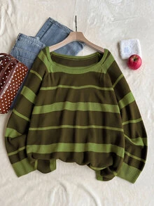 Comfortcana Áo len chui đầu dáng rộng phong cách vintage thập niên 80 phối màu mùa thu, màu xanh ô liu, vai bất đối xứng, casual, size lớn, phù hợp lễ tốt nghiệp, mặc nhà và dự tiệc - màu xanh lá - Xem 12