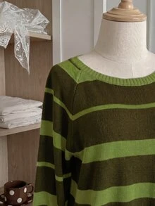 Comfortcana Áo len chui đầu dáng rộng phong cách vintage thập niên 80 phối màu mùa thu, màu xanh ô liu, vai bất đối xứng, casual, size lớn, phù hợp lễ tốt nghiệp, mặc nhà và dự tiệc - màu xanh lá - Xem 6
