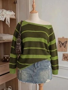 Comfortcana Áo len chui đầu dáng rộng phong cách vintage thập niên 80 phối màu mùa thu, màu xanh ô liu, vai bất đối xứng, casual, size lớn, phù hợp lễ tốt nghiệp, mặc nhà và dự tiệc - màu xanh lá - Xem 7