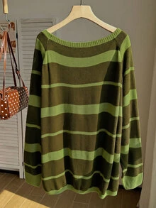 Comfortcana Áo len chui đầu dáng rộng phong cách vintage thập niên 80 phối màu mùa thu, màu xanh ô liu, vai bất đối xứng, casual, size lớn, phù hợp lễ tốt nghiệp, mặc nhà và dự tiệc - màu xanh lá - Xem 10