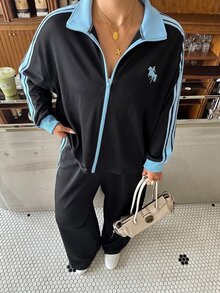 Muchica 大尺碼女款馬術圖案長袖夾克與長褲休閒街頭風傳統日常套裝 正式度假生日黑色秋季 - 藏蓝色 - 查看 5