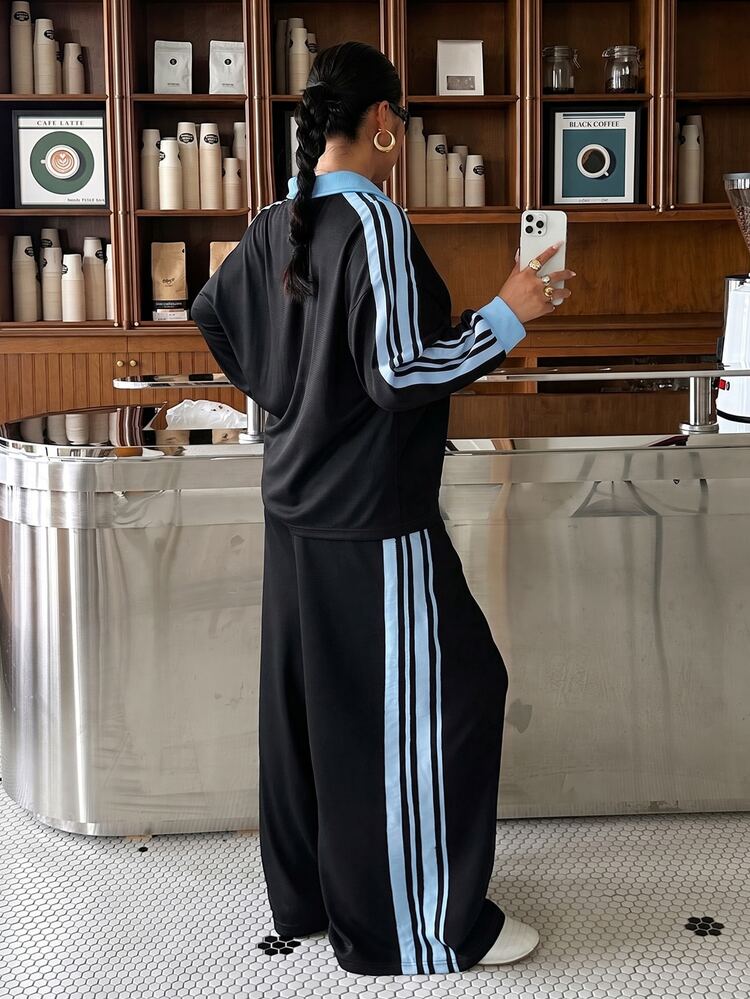 Muchica Plus Size Women's Equestrian Pattern Long Sleeve Jacket And Pants Casual Streetwear Traditional Daily Set Formal Vacation Birthday Black Autumn - Navy Blue - View 2