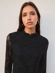 Nöista Elegant Lace Black Fitted Top With Button Detail For Party, Going Out And Evening Occasions, Perfect For Layering In Fall Winter Season. - Black - View 7