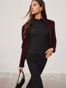Nöista Elegant Lace Black Fitted Top With Button Detail For Party, Going Out And Evening Occasions, Perfect For Layering In Fall Winter Season. - Black - View 6