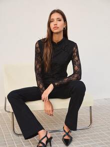 Nöista Elegant Lace Black Fitted Top With Button Detail For Party, Going Out And Evening Occasions, Perfect For Layering In Fall Winter Season. - Black - View 4