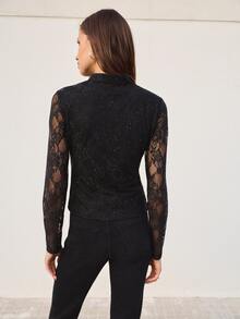 Nöista Elegant Lace Black Fitted Top With Button Detail For Party, Going Out And Evening Occasions, Perfect For Layering In Fall Winter Season. - Black - View 9