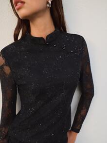 Nöista Elegant Lace Black Fitted Top With Button Detail For Party, Going Out And Evening Occasions, Perfect For Layering In Fall Winter Season. - Black - View 3
