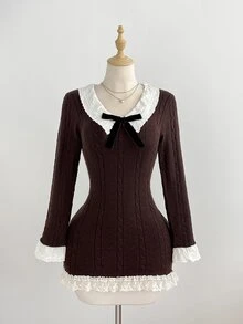 Elamini Women's Ruffle Collar Lace Cuff Cinched Waist Fitted Textured Cable Knit Long Sleeve Vintage Cute Elegant Knit Dress - Brown - View 3