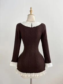 Elamini Women's Ruffle Collar Lace Cuff Cinched Waist Fitted Textured Cable Knit Long Sleeve Vintage Cute Elegant Knit Dress - Brown - View 2