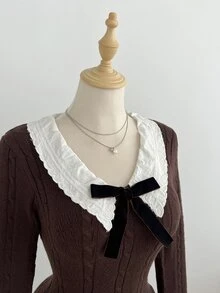 Elamini Women's Ruffle Collar Lace Cuff Cinched Waist Fitted Textured Cable Knit Long Sleeve Vintage Cute Elegant Knit Dress - Brown - View 5