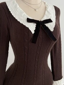 Elamini Women's Ruffle Collar Lace Cuff Cinched Waist Fitted Textured Cable Knit Long Sleeve Vintage Cute Elegant Knit Dress - Brown - View 6