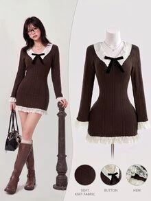 Elamini Women's Ruffle Collar Lace Cuff Cinched Waist Fitted Textured Cable Knit Long Sleeve Vintage Cute Elegant Knit Dress - Brown - View 1