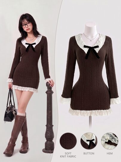 Elamini Women's Ruffle Collar Lace Cuff Cinched Waist Fitted Textured Cable Knit Long Sleeve Vintage Cute Elegant Knit Dress