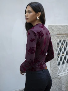 Nöista Womenswear Fitted Long Sleeve Top With Jacquard Fabric In Burgundy Color, Perfect For Fall Winter Night Outs, Special Occasions Ang Going Out. - Burgundy - View 5