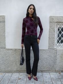 Nöista Womenswear Fitted Long Sleeve Top With Jacquard Fabric In Burgundy Color, Perfect For Fall Winter Night Outs, Special Occasions Ang Going Out. - Burgundy - View 4