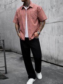 Manfinity CasualCool 男士格子单排扣休闲百搭日常短袖衬衫 - 紅色 - 查看 4