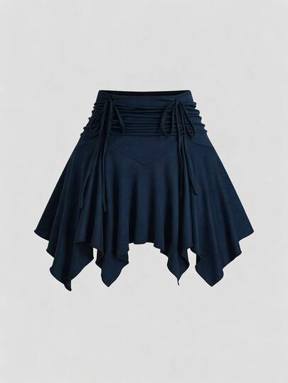 Sweetra CURVE Plus Size Women's Solid Color Waist Tie Romantic Asymmetrical Hem Skirt Fall