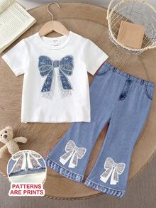 Elladie kids 春夏少女休闲时尚创意个性清新简约水钻蝴蝶结牛仔印花休闲T恤和喇叭裤套装，舒适日常穿着 - 彩色 - 查看 2