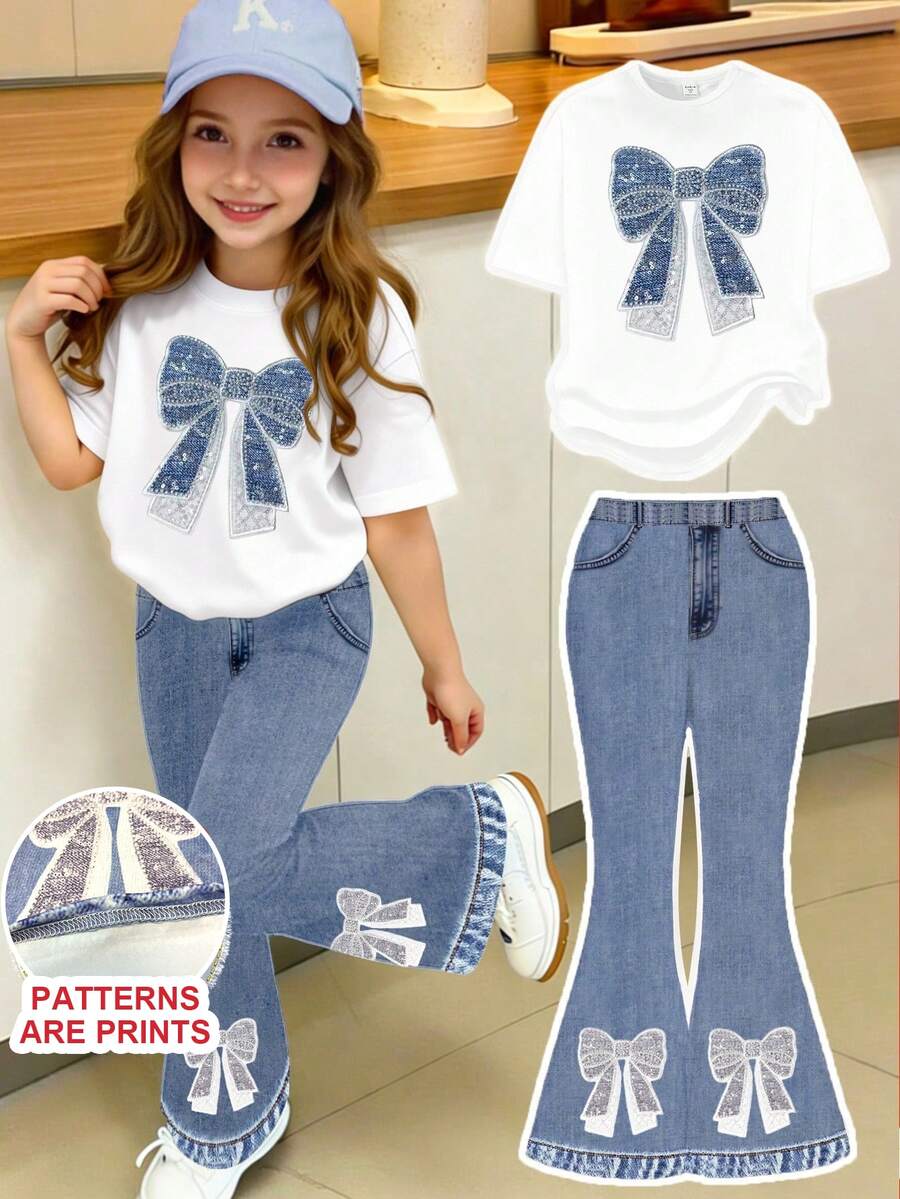 Elladie kids 春夏少女休闲时尚创意个性清新简约水钻蝴蝶结牛仔印花休闲T恤和喇叭裤套装，舒适日常穿着 - 彩色 - 查看 1