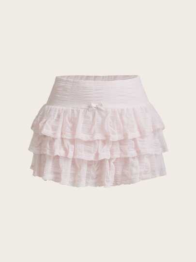 Sweetina Rok Mini Motif Kue Warna Putih Gaya Hawaii Musim Panas Y2K dengan Pita dan Hiasan Pita