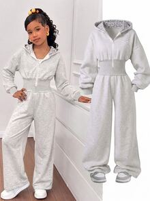 SHEIN 1件女童亮粉色時尚休閒連帽拉鍊寬鬆字母毛巾刺繡貼布運動衫＆高腰刷毛抓絨連身褲 秋冬款 - 淺灰色 - 查看 1