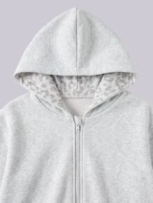 SHEIN 1件女童亮粉色時尚休閒連帽拉鍊寬鬆字母毛巾刺繡貼布運動衫＆高腰刷毛抓絨連身褲 秋冬款 - 淺灰色 - 查看 4