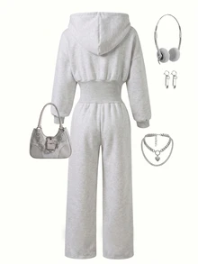 SHEIN 1件女童亮粉色時尚休閒連帽拉鍊寬鬆字母毛巾刺繡貼布運動衫＆高腰刷毛抓絨連身褲 秋冬款 - 淺灰色 - 查看 2