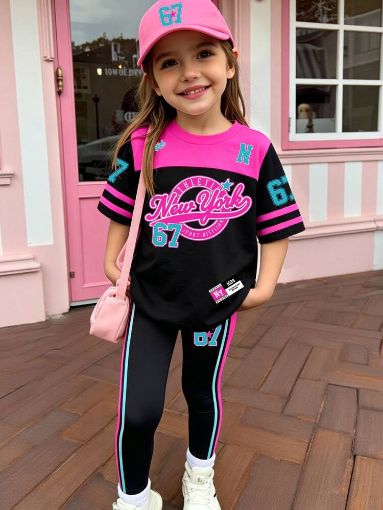Girls Toddler Number 67 New York Rose Red Blue Black Colorblock Five-Point Star Striped Print Basic Short T-Shirt & Leggings Set, Casual Wear - Multicolor - View 3