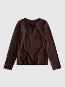 ROMWE MEN Street Life Men's Slim Fit Lace-Up Long Sleeve T-Shirt - Rust Brown - View 1