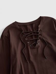 ROMWE MEN Street Life Men's Slim Fit Lace-Up Long Sleeve T-Shirt - Rust Brown - View 3