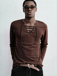ROMWE MEN Street Life Men's Slim Fit Lace-Up Long Sleeve T-Shirt - Rust Brown - View 5